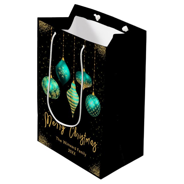 Sacola Para Presentes Média Elegant Gold and Teal Ornament Christmas (Frente inclinada)