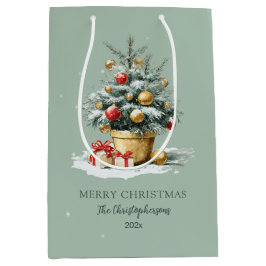 Sacola Para Presentes Média Elegant Merry Christmas Tree Sage Green Gift Bag