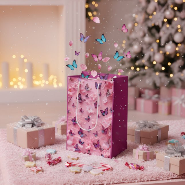 Sacola Para Presentes Média Elegant Pink Butterfly Floral Gift Bag (Criador carregado)