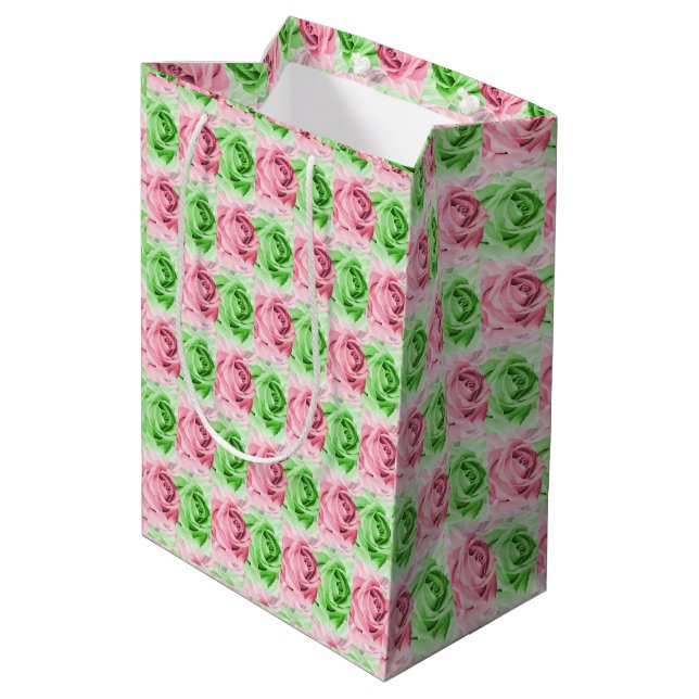 Sacola Para Presentes Média Elegant Pink & Green Rose Gift Bag (Verso inclinado)