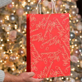 Sacola Para Presentes Média Elegant Script Merry Christmas Pattern/ Red & Gold
