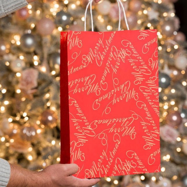Sacola Para Presentes Média Elegant Script Merry Christmas Pattern/ Red & Gold (Criador carregado)