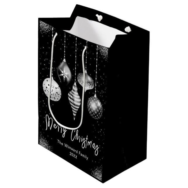 Sacola Para Presentes Média Elegant Silver and Black Ornament Christmas (Frente inclinada)