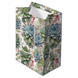 Sacola Para Presentes Média Elegant Watercolor Succulent Garden Botanicals
