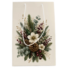 Sacola Para Presentes Média Elegante Aquarela Botânica Evergreen Meia-Noite