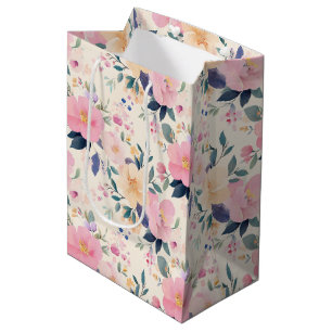 Sacola Para Presentes Média Elegante Aquarela Floral Design rosa