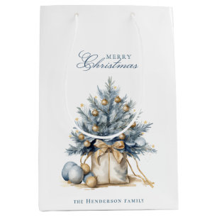 Sacola Para Presentes Média Elegante Árvore de Natal Dourada Nome Azul