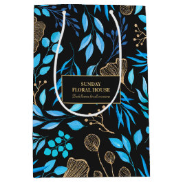 Sacola Para Presentes Média Elegante Black Dourado Ginkgo Floral Business