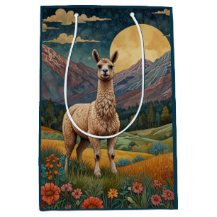 Sacola Para Presentes Média Elegante boho lama alpaca paisagem de vintage