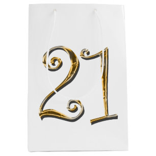 Sacola Para Presentes Média Elegante branco do ouro do aniversário de 21 anos