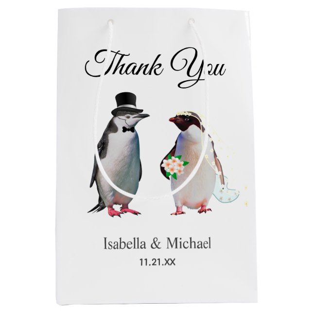 Sacola Para Presentes Média Elegante Casal Penguin Obrigado Casamento (Frente)