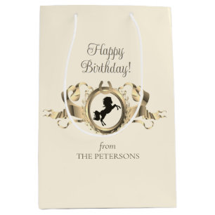 Sacola Para Presentes Média Elegante Chic Dourado Equestrian Ribbon Crest Nome