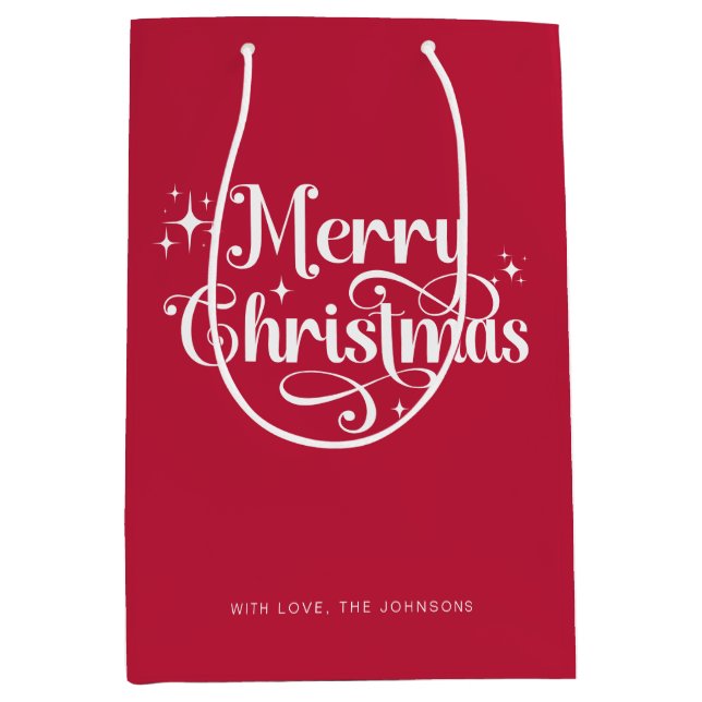 Sacola Para Presentes Média Elegante Chic Script Red and White Felry Christmas (Frente)