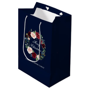 Sacola Para Presentes Média Elegante Coroa Floral de Aquarela Feliz Natal