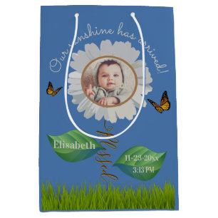 Sacola Para Presentes Média Elegante Daisy Blue Floral Cute Baby Photo e Name