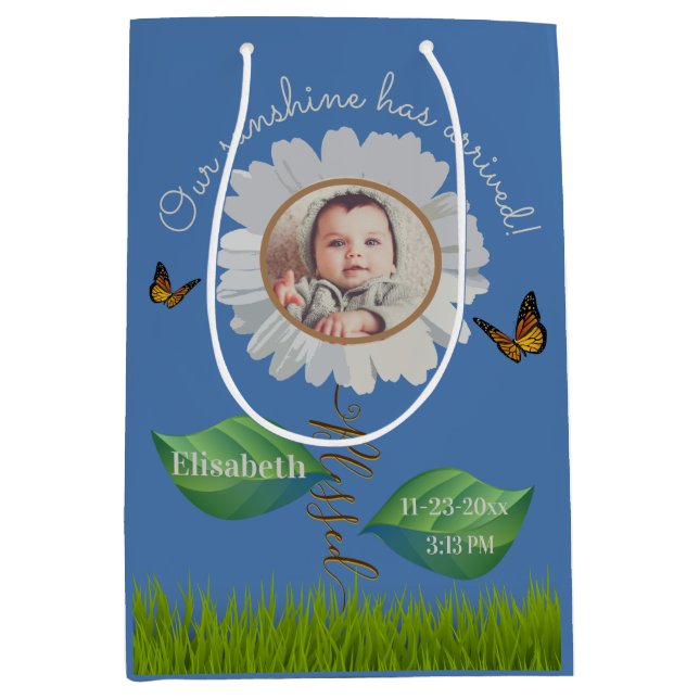 Sacola Para Presentes Média Elegante Daisy Blue Floral Cute Baby Photo e Name (Frente)