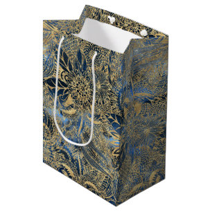 Sacola Para Presentes Média Elegante Dourada Flores de Mandala Blue Nebula
