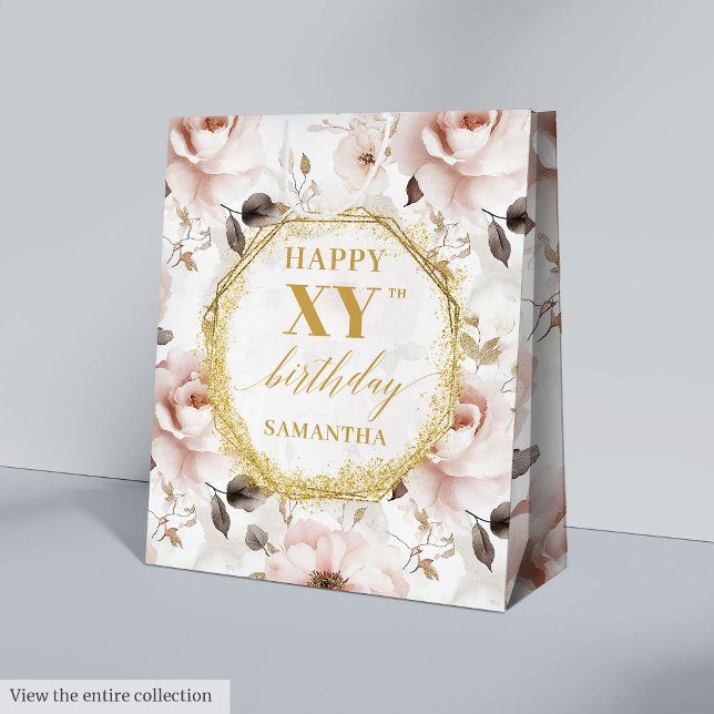 Sacola Para Presentes Média Elegante Dusty Rosa Russo Dourado Bag de Aniversár (Elegant Dusty Pink Rustic Gold Birthday Gift Bag

)