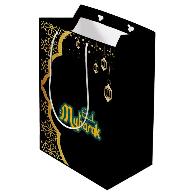Sacola Para Presentes Média Elegante Eid Mubarak Black Dourado (Verso inclinado)