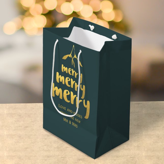 Sacola Para Presentes Média Elegante Feliz Mistletodia Natal Verde (Merry Mistletoe Gift Bag with space for your name and greeting)