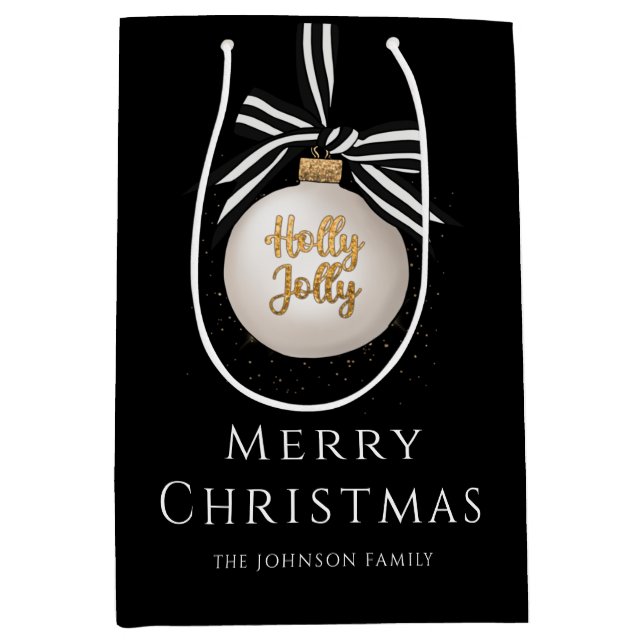 Sacola Para Presentes Média Elegante Feliz Natal Bauble Black (Frente)
