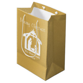 Sacola Para Presentes Média Elegante Feliz Natal Dourado Natividade Branca