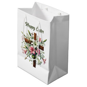 Sacola Para Presentes Média Elegante Feliz Páscoa floral Cruz personalizável