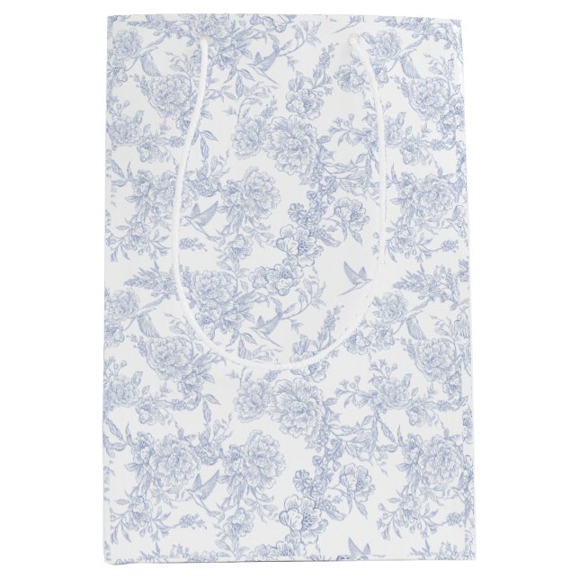 Sacola Para Presentes Média Elegante Floral Blue French Toile (Frente)