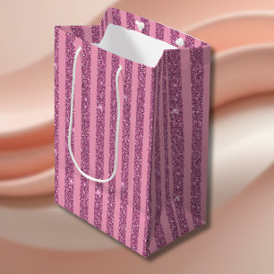 Sacola Para Presentes Média Elegante Listras Verticais Rosa com Brilho