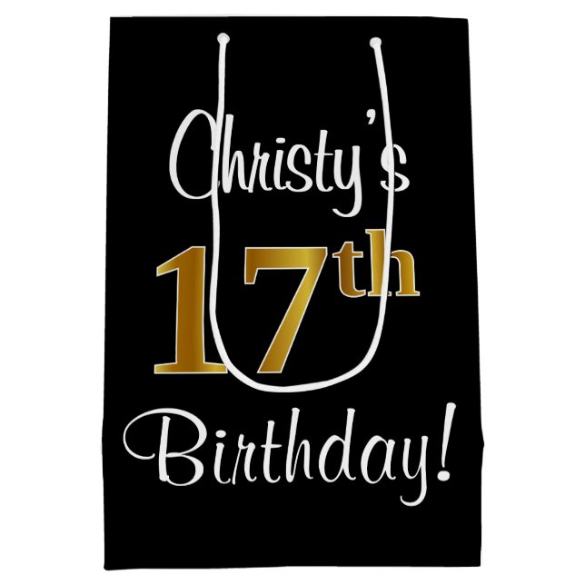 Sacola Para Presentes Média Elegante, Luxuoso, Faux Dourado, 17º Aniversário (Verso)