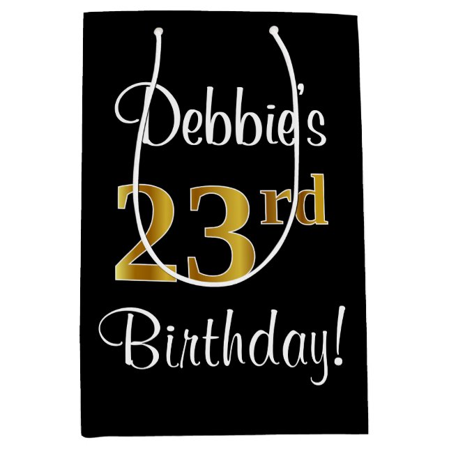 Sacola Para Presentes Média Elegante, Luxuoso, Faux Dourado, 23º Aniversário (Frente)