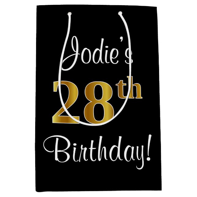 Sacola Para Presentes Média Elegante, Luxuoso, Faux Dourado, 28º aniversário (Frente)