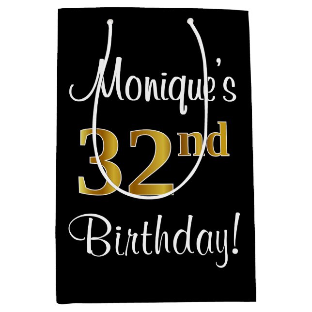 Sacola Para Presentes Média Elegante, Luxuoso, Faux Dourado, 32º Aniversário (Frente)