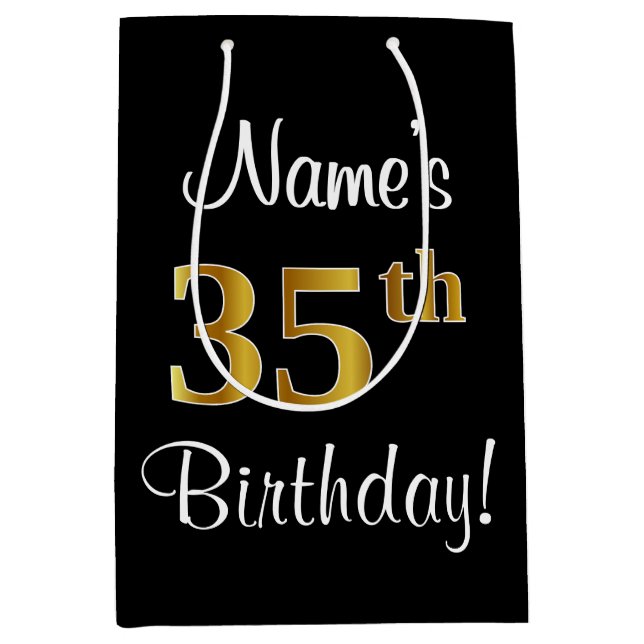 Sacola Para Presentes Média Elegante, Luxuoso, Faux Dourado, 35º aniversário (Frente)