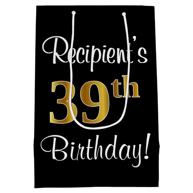 Sacola Para Presentes Média Elegante, Luxuoso, Faux Dourado, 39º aniversário (Verso)