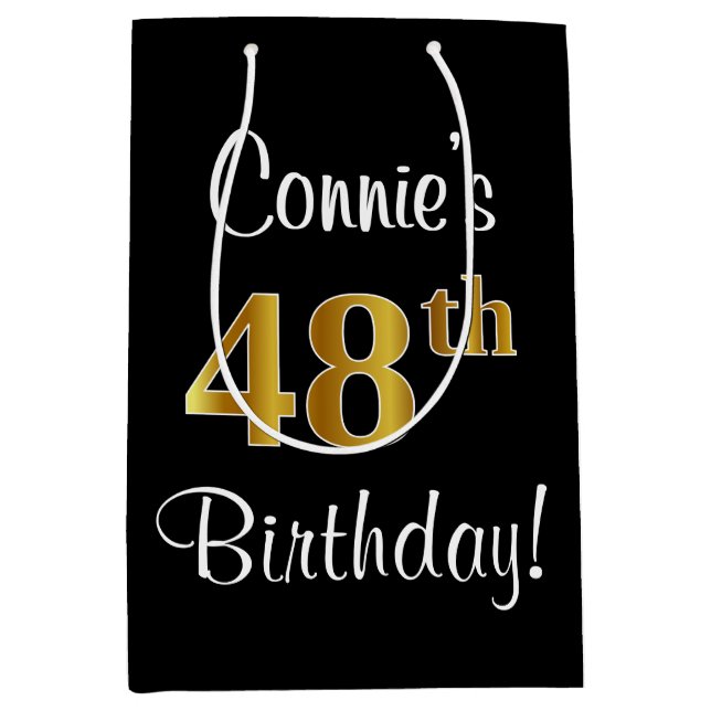 Sacola Para Presentes Média Elegante, Luxuoso, Faux Dourado, 48º aniversário (Frente)