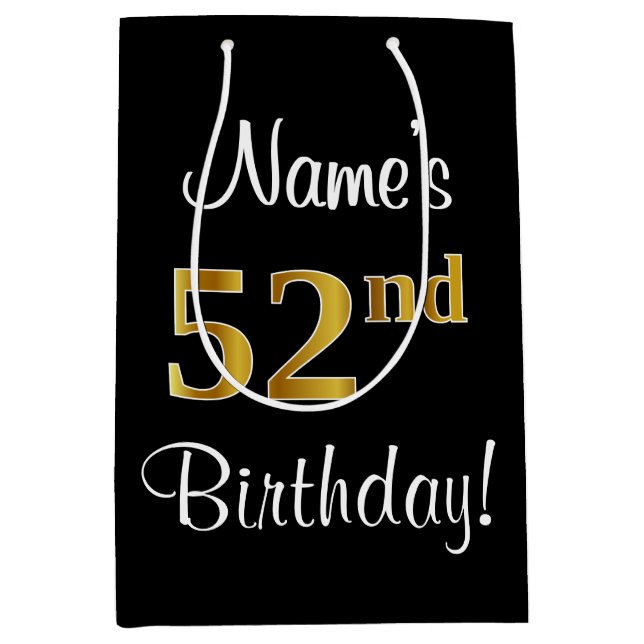 Sacola Para Presentes Média Elegante, Luxuoso, Faux Dourado, 52º Aniversário (Frente)