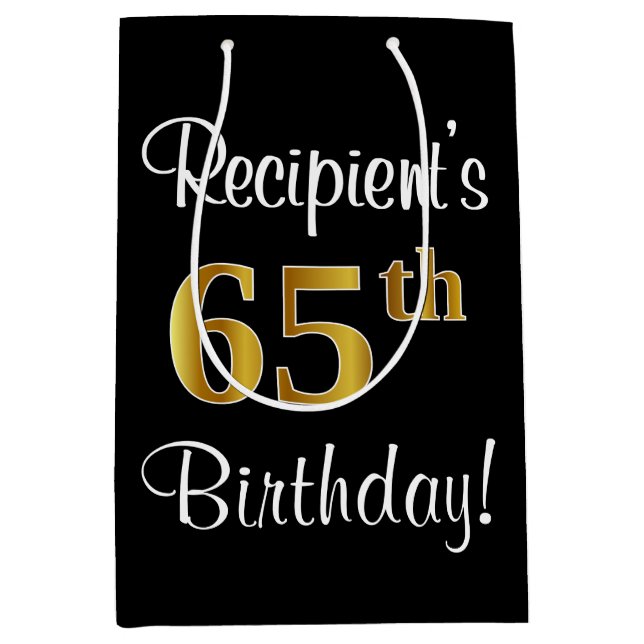 Sacola Para Presentes Média Elegante, Luxuoso, Faux Dourado, 65º Aniversário (Frente)