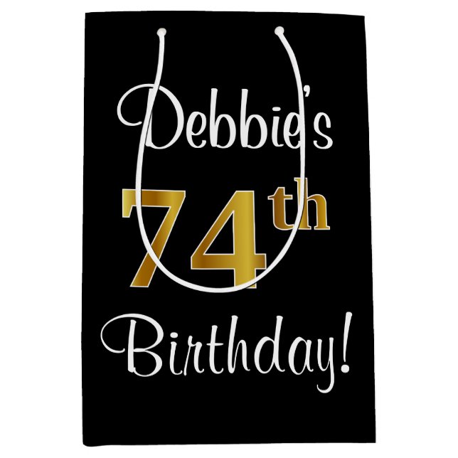 Sacola Para Presentes Média Elegante, Luxuoso, Faux Dourado, 74.º aniversário (Frente)