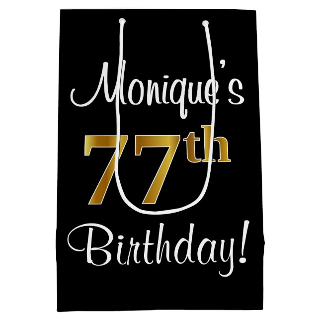 Sacola Para Presentes Média Elegante, Luxuoso, Faux Dourado, 77º Aniversário (Verso)