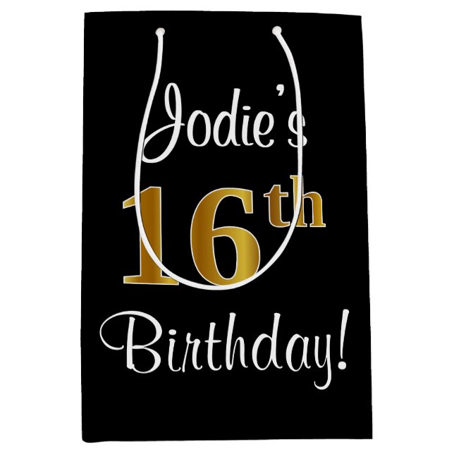 Sacola Para Presentes Média Elegante, Luxuoso, Faux Dourado Olha 16º aniversár (Frente)