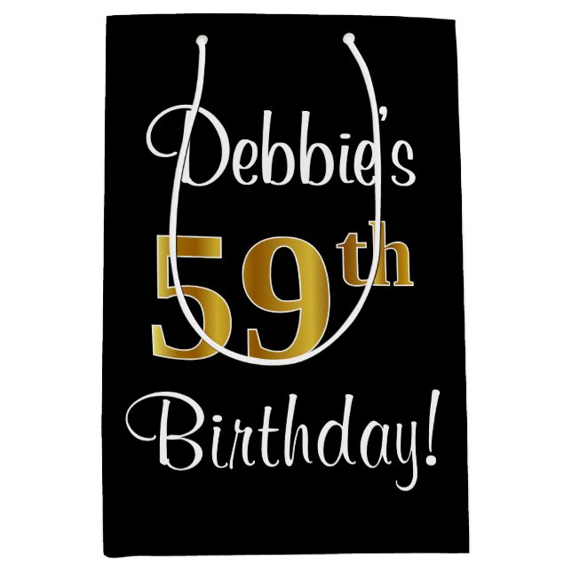 Sacola Para Presentes Média Elegante, Luxuoso, Faux Dourado Olha 59º aniversár (Frente)