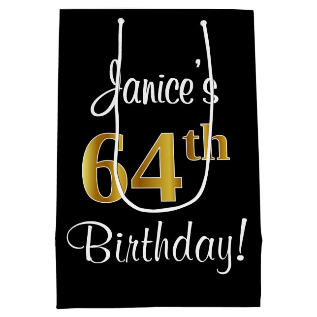 Sacola Para Presentes Média Elegante, Luxuoso, Faux Dourado Olha 64º aniversár (Verso)