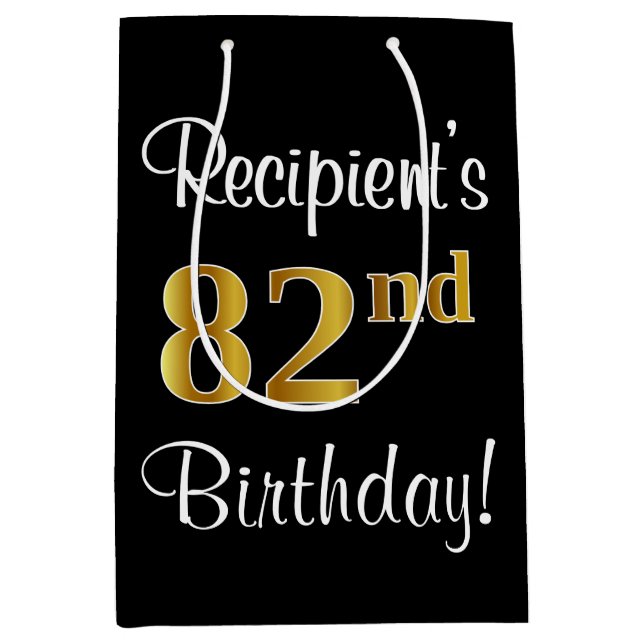 Sacola Para Presentes Média Elegante, Luxuoso, Faux Dourado Olha 82º aniversár (Frente)