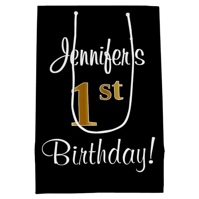 Sacola Para Presentes Média Elegante, Luxuoso, Faux Dourado primeiro aniversar (Verso)