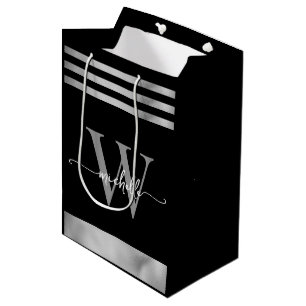 Sacola Para Presentes Média Elegante Monograma com Listras Prateadas em Preto