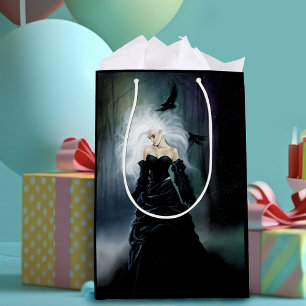 Sacola Para Presentes Média Elegante Mulher Misteriosa Gótica Preta Corvos Név