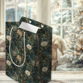 Sacola Para Presentes Média Elegante Natal Floral Verde e Creme de Inverno