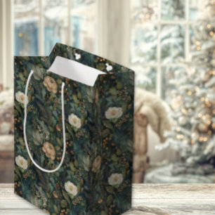 Sacola Para Presentes Média Elegante Natal Floral Verde e Creme de Inverno