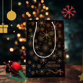Sacola Para Presentes Média Elegante padrão PRETO Dourado Feliz Natal